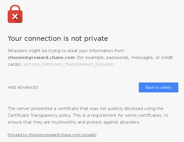 Chrome error page saying that the connection to choosemyreward.chase.com is not private