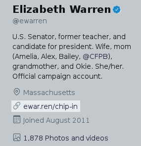 Screenshot of Elizabeth Warren's Twitter bio, showing ewren.ren URL