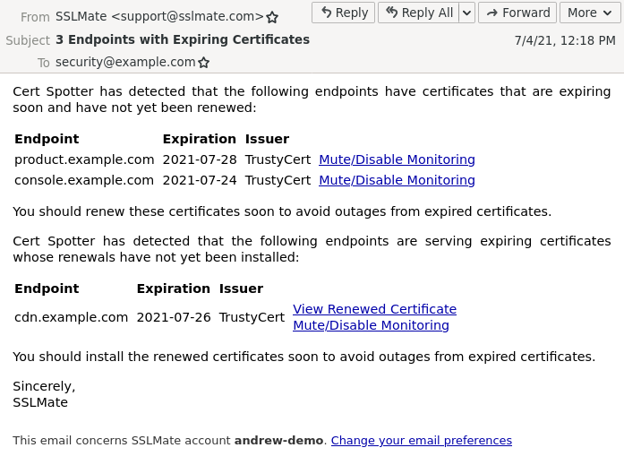 Screenshot showing email that lists expiring endpoints, with the hostname, expiration date, and issuer of each endpoint