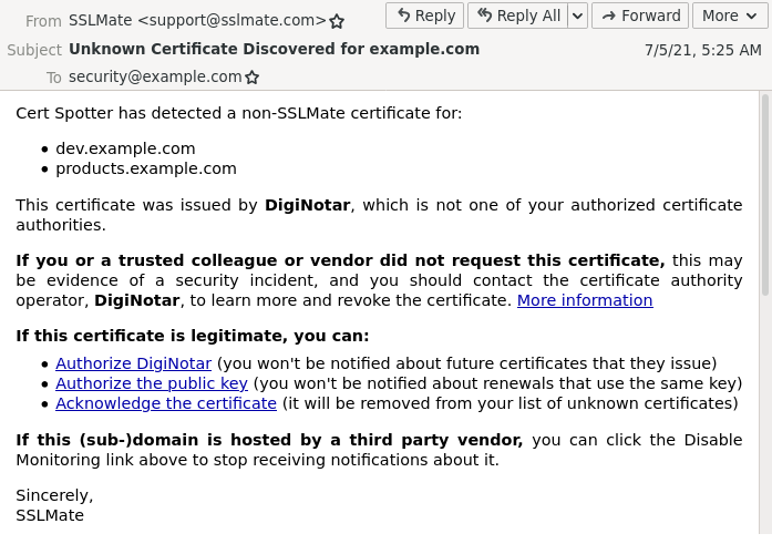 Screenshot showing email notification of an unknown certificate, including the hostnames in the certificate, the certificate issuer, and links to mark the certificate as authorized